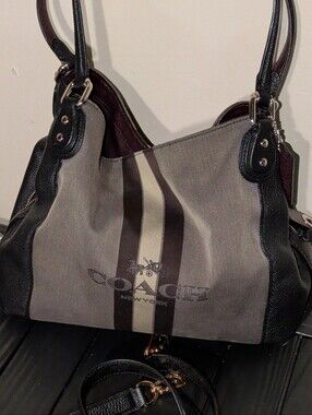 Coach Gray Canvas Shoulder Bag with Black Trim